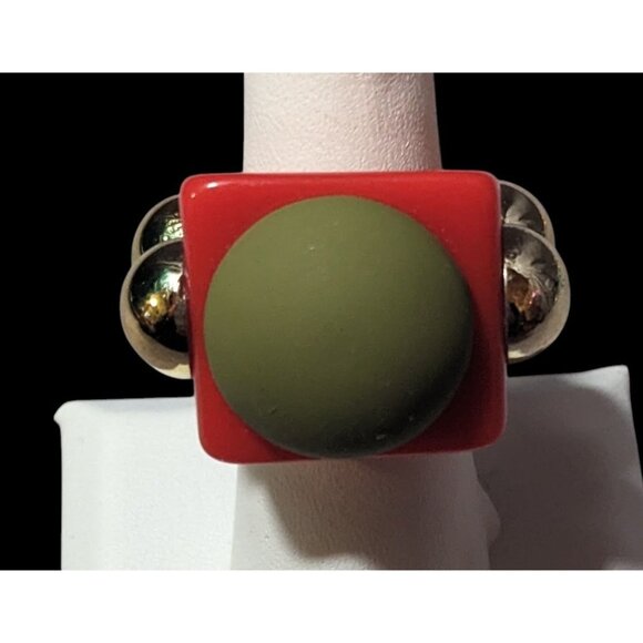 Chunky Red Geometric Ring With Gold Tone And Green Accents - Picture 1 of 11